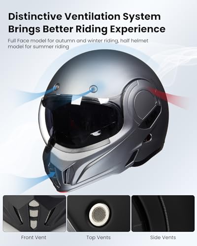 ILM Vintage Full Face Modular Motorcycle Helmet for Adults Men ATV UTV Snowmobile with 180° Reversible Chin Guard DOT Model-B707(Matte Black, L)