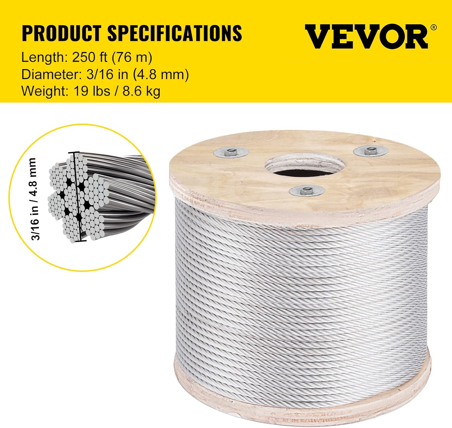 Mophorn Stainless Steel Cable Railing 3/16"x 250ft, Wire Rope 304 Marine Grade, Braided Aircraft Cable 7x19 Strands Construction for Deck,Rail,Balusters,Stair,Handrail,Porch,Fence