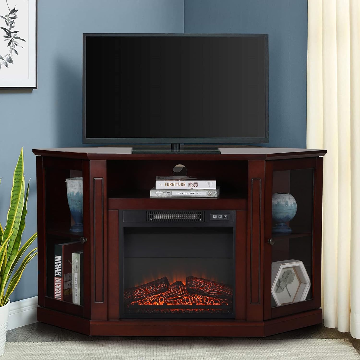 Sophia & William Farmhouse Electric Fireplace TV Stand for TV's Up to 65, Accent Decorative Barn Door Storage Cabinet Chest with 23 Insert Fireplace for Living Room Bedroom Home Office, Burlywood