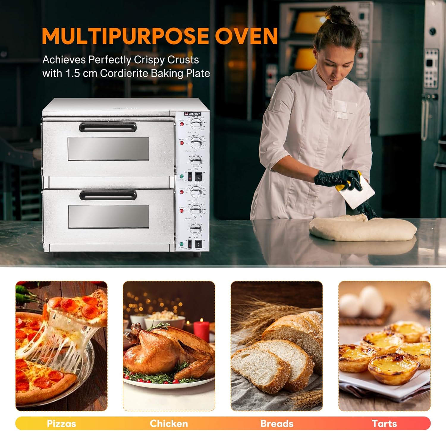 Countertop Pizza Oven for 16" Pizza, Single Deck Commercial Pizza Oven with Pizza Stone, 1.6kW Electric Pizza Oven with Adjustable Temp. Timer for Restaurant (16'' Double Deck Layer)