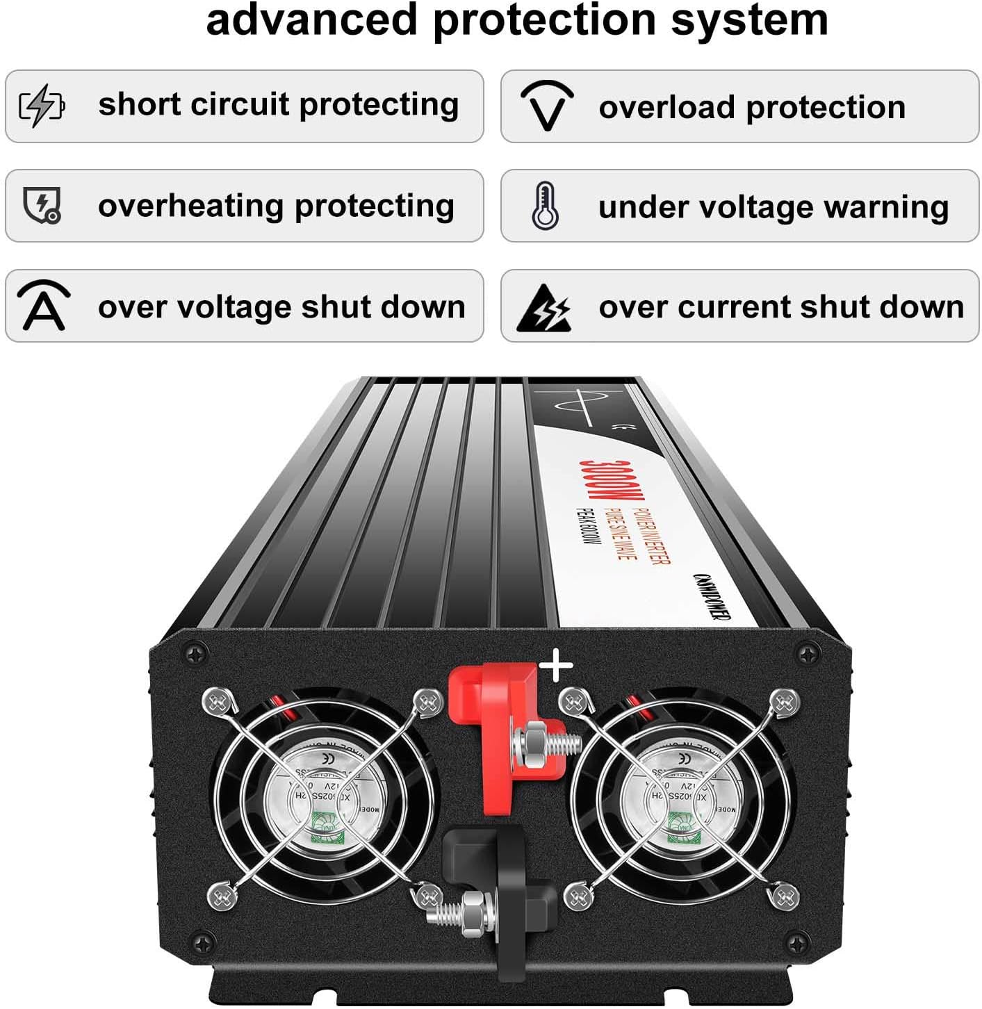 Xijia 3000W (Peak Power 6000W) Pure Sine Wave Power Inverter DC24V to 110V 120V ac Converter 60HZ with Soft Start for car &Camping (DC24V (Range 20V-30V) 3000W)
