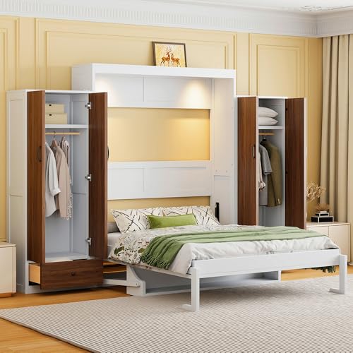 KLMM Wooden Murphy Bed Wall Bed with 2 Wardrobe and Storage Shelf,Foldable Platform Bedframe for Guest-Room Bedroom Study Office Use (White#E, Full)