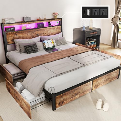 SADENICEL Queen Bed Frame with Storage Headboard and 4 Drawers, Metal Platform Bed Frame with LED Light, Charging Station, No Box Spring Needed, Noise Free, Easy Assembly, Vintage Brown