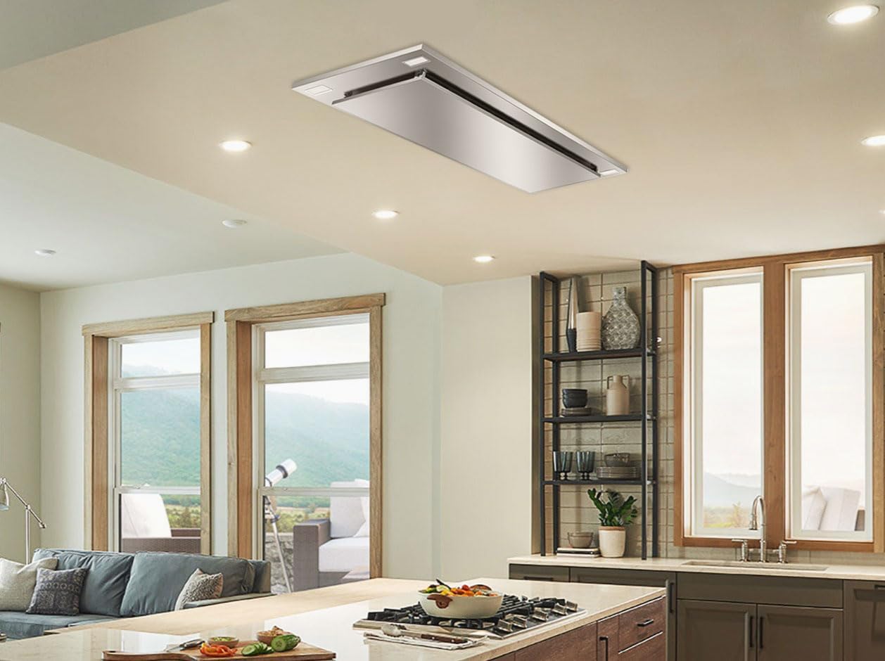 VICTORY Sunset, 600 CFM Flush Ceiling Mount Insert Island Range Hood 38 Inch, Stainless Steel, Dimmable Lights, Easy to Use Wall Control