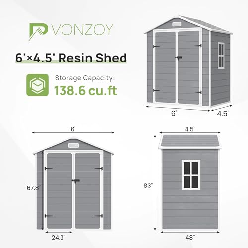 6x6FT Resin Outdoor Storage Shed, Plastic Garden Shed with Floor, Lockable Door & Window, Waterproof Tool Shed for Bike, Garbage Can, Lawn Mower, Patio Furniture Grey White
