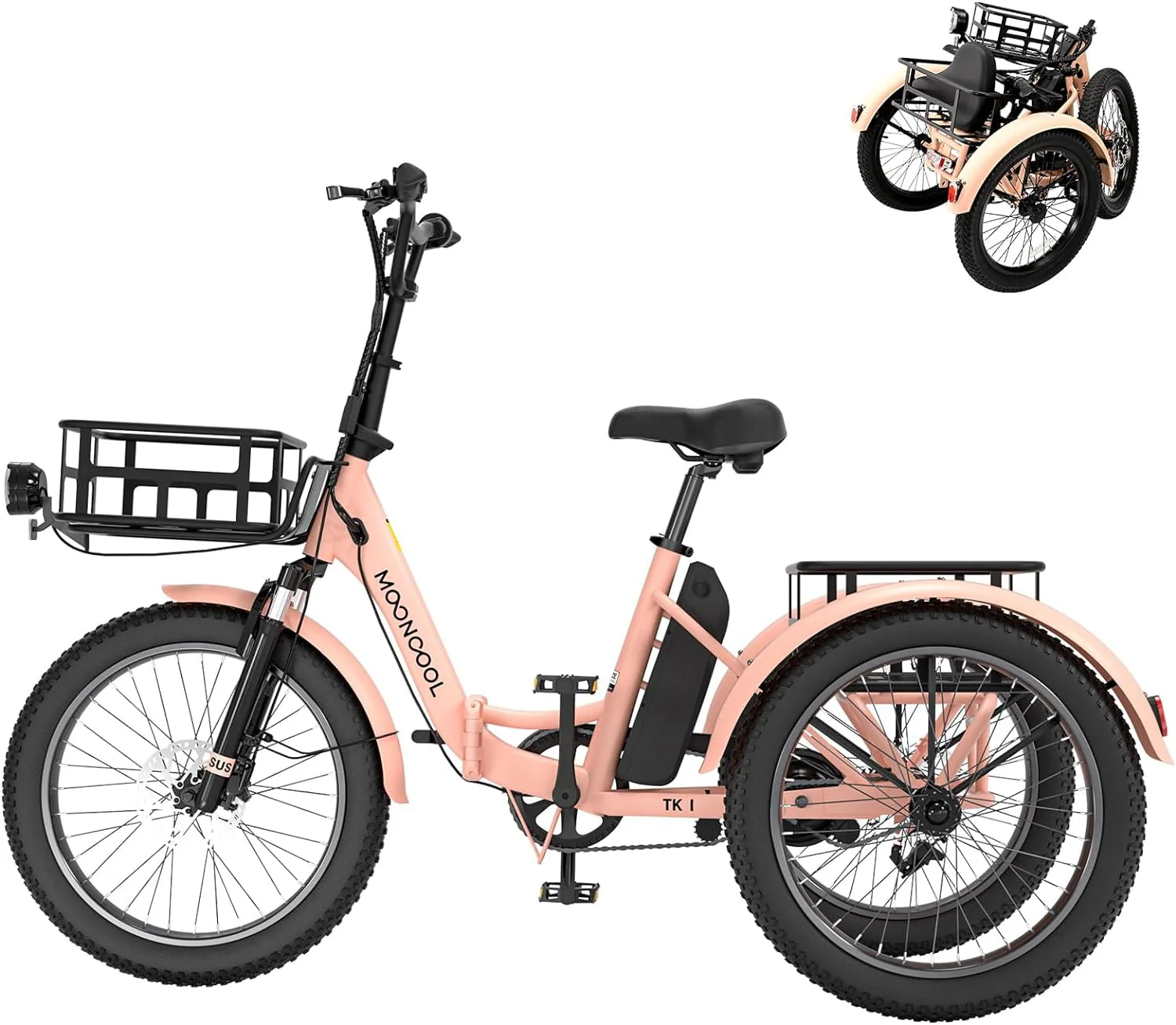 MOONCOOL 24/26 Electric Tricycle for Adults, 350W 36V 7 Speeds Electric Trike Motorized Three Wheel Electric Bikes Bicycle with Large Basket for Women Men