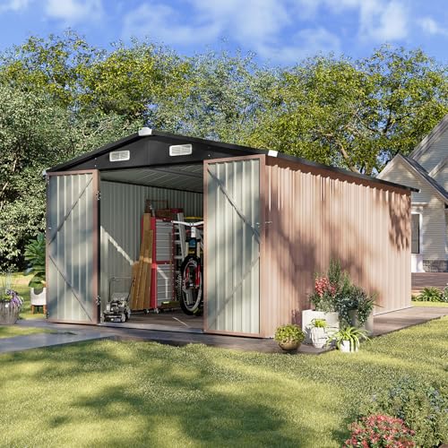 Aoxun 10 x 12FT Outdoor Storage Shed with Double Hinged Large Door Utility Garden Shed with Lockable Door & Sloped Roof Metal Sheds Outdoor Storage for Garden, Backyard, Patio and Backyard, Brown