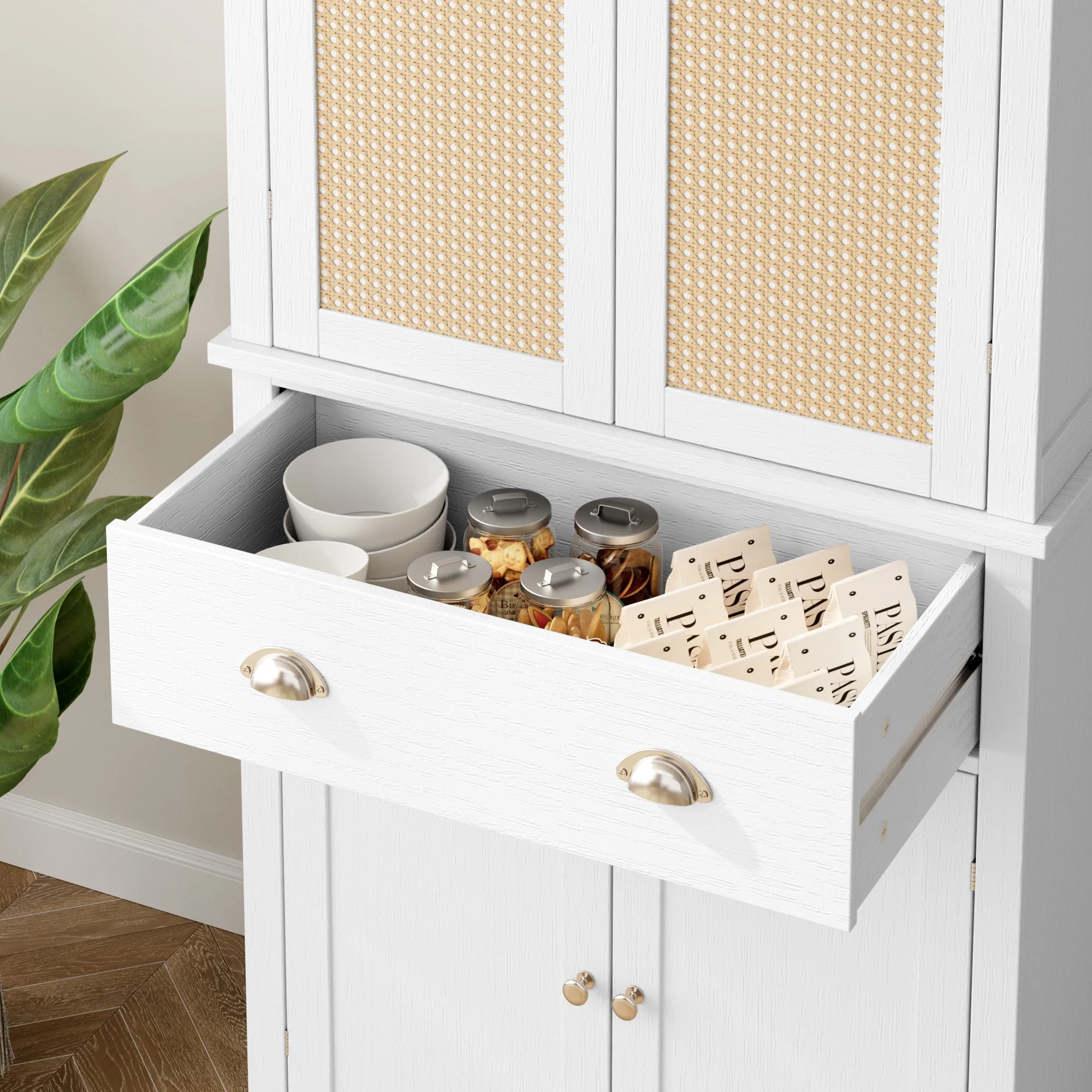 Homfa 72.4'' Tall Kitchen Pantry with 4 Doors, Large Drawer Shelves Wood Storage Cabinet for Dining Room Living Room, White