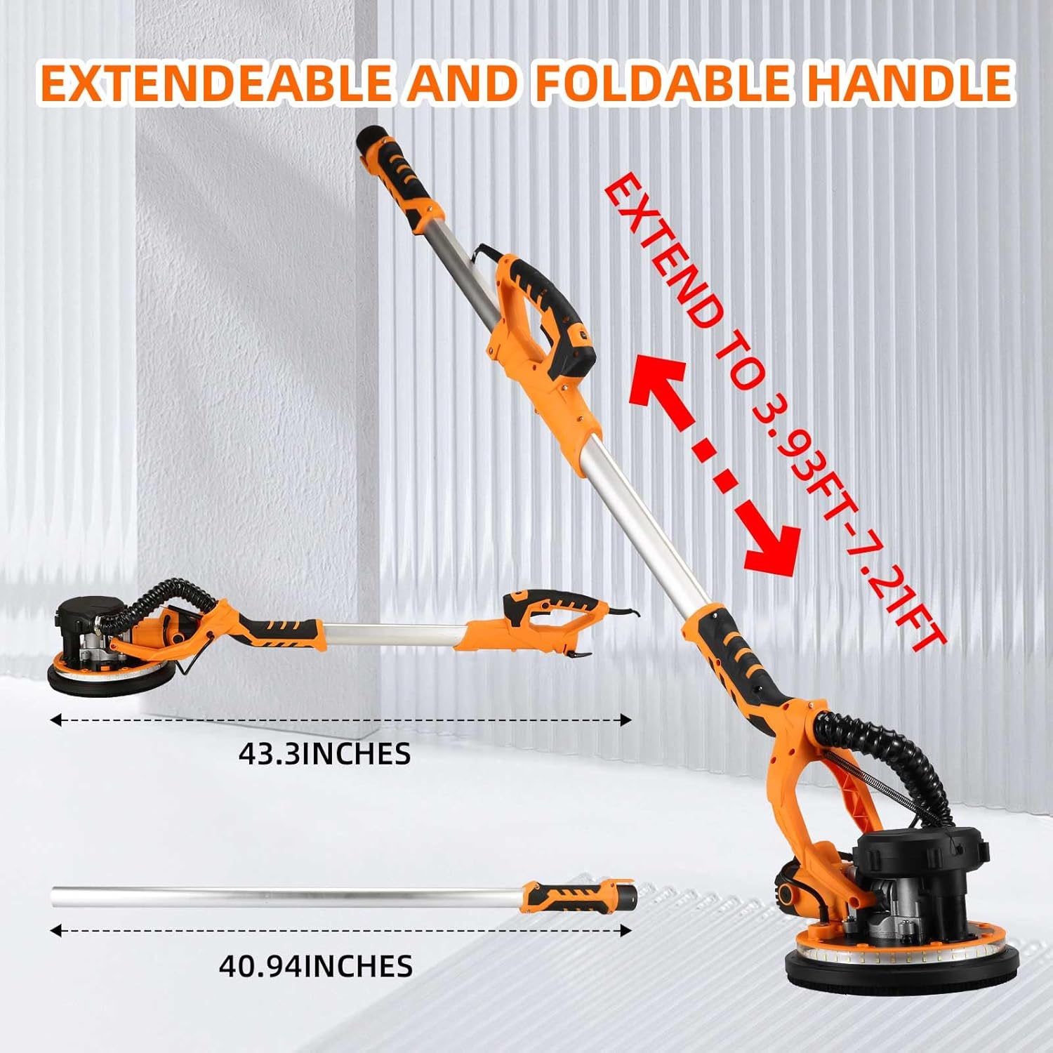 Electric Drywall Sander with Vacuum, 1390W Wall Sander Popcorn Ceiling Removal Tool, 13ft Cord, Extendable & Foldable Handle, Auto Dust Collection, LED Worklights for Wall Ceiling