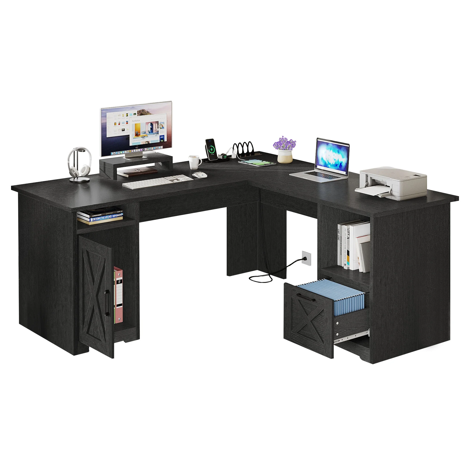 Dextrus 59 Inch L-Shaped Desk with Power Outlet & USB Ports, Office Desk with File Cabinets, Large Computer Desk with Drawers, 2 Person Corner Desk Writing Desk with Storage Shelves, Black