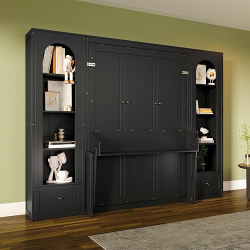 KLMM Wooden Murphy Bed Wall Bed with 2 Wardrobe and Storage Shelf,Foldable Platform Bedframe for Guest-Room Bedroom Study Office Use (White#E, Full)