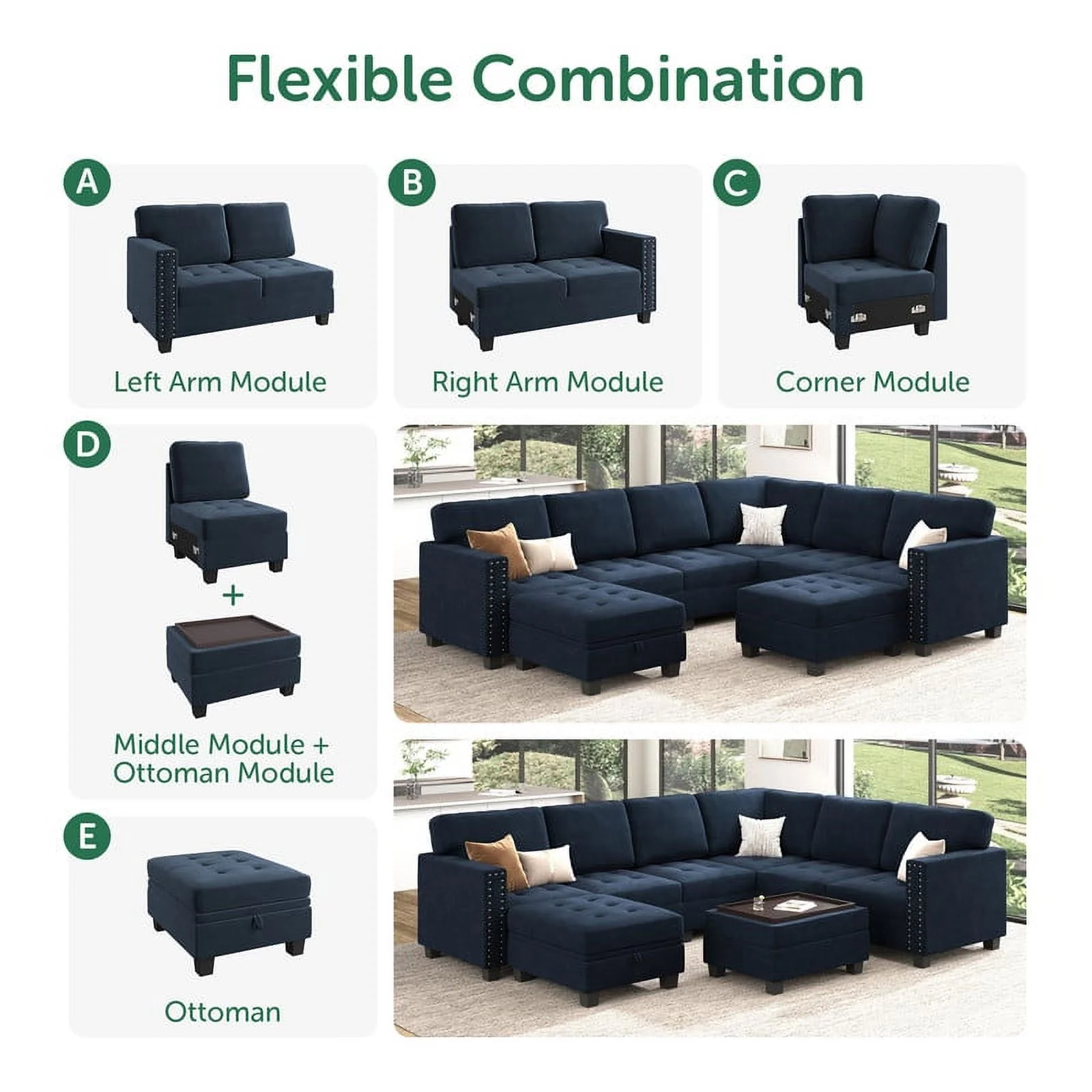 HONBAY Modern Sectional Sofa Sets L-Shaped Corner Couch with Biscuit Tufted Design for Living Room, Dark Navy Blue