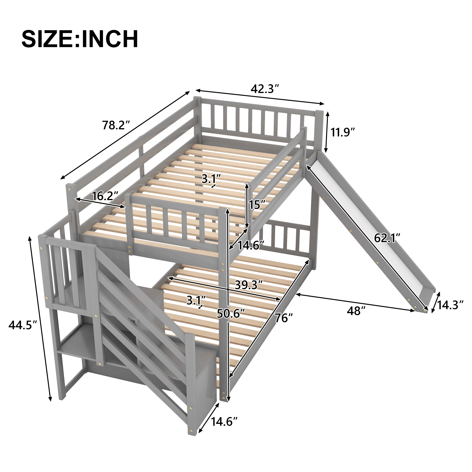 EUROCO Wood Twin over Twin Bunk Bed with Slide and Staircase, Low Profile Bunk Bed with Storage, Gray