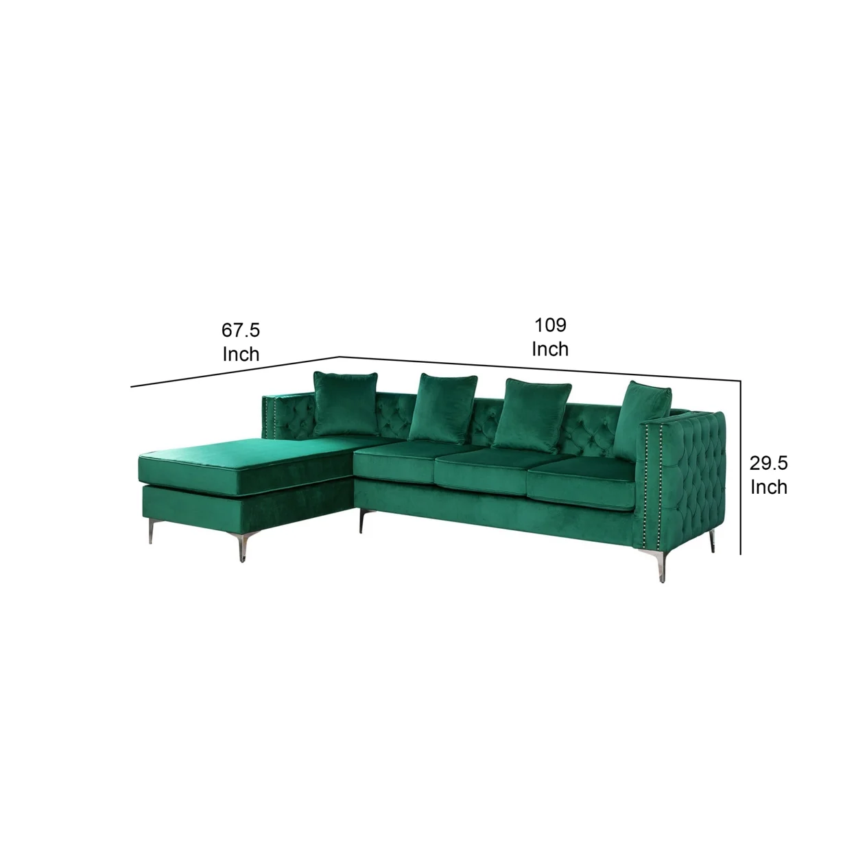 Tommy 68 Inch Chaise Sofa with Nailhead Trim and Tufting, Green Velvet- Saltoro Sherpi
