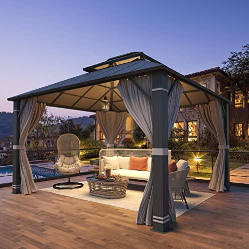 YOLENY 10' x 12' Hardtop Gazebo, Wood-Looking Gazebo with Galvanized Steel Double Roof, Aluminum Frame, Permanent Metal Pavilion with Netting and Curtains for Deck, Backyard, Patio and Lawns