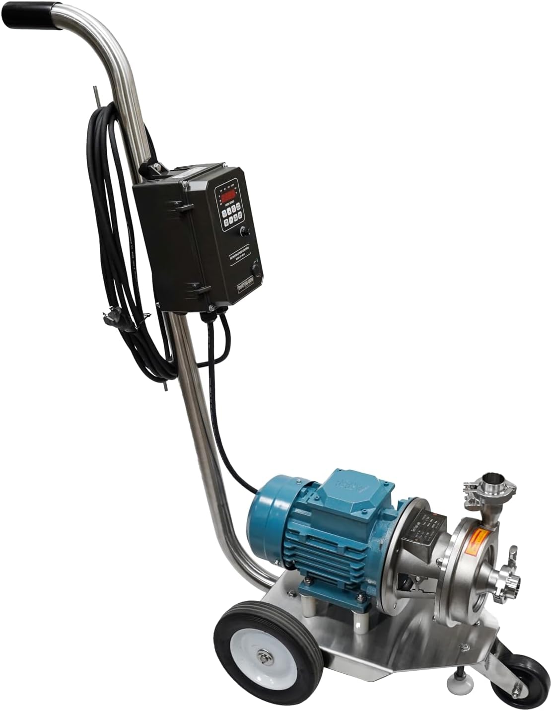Portable Sanitary Centrifugal Power Water Pump and Cart, For Brewery Transfer,1 HP 40 GPM 66 Foot Head, Ultra-Quiet ABB Motor, Stabilizing Feet, Digital AC Motor Speed Control NEMA 4X/IP 65