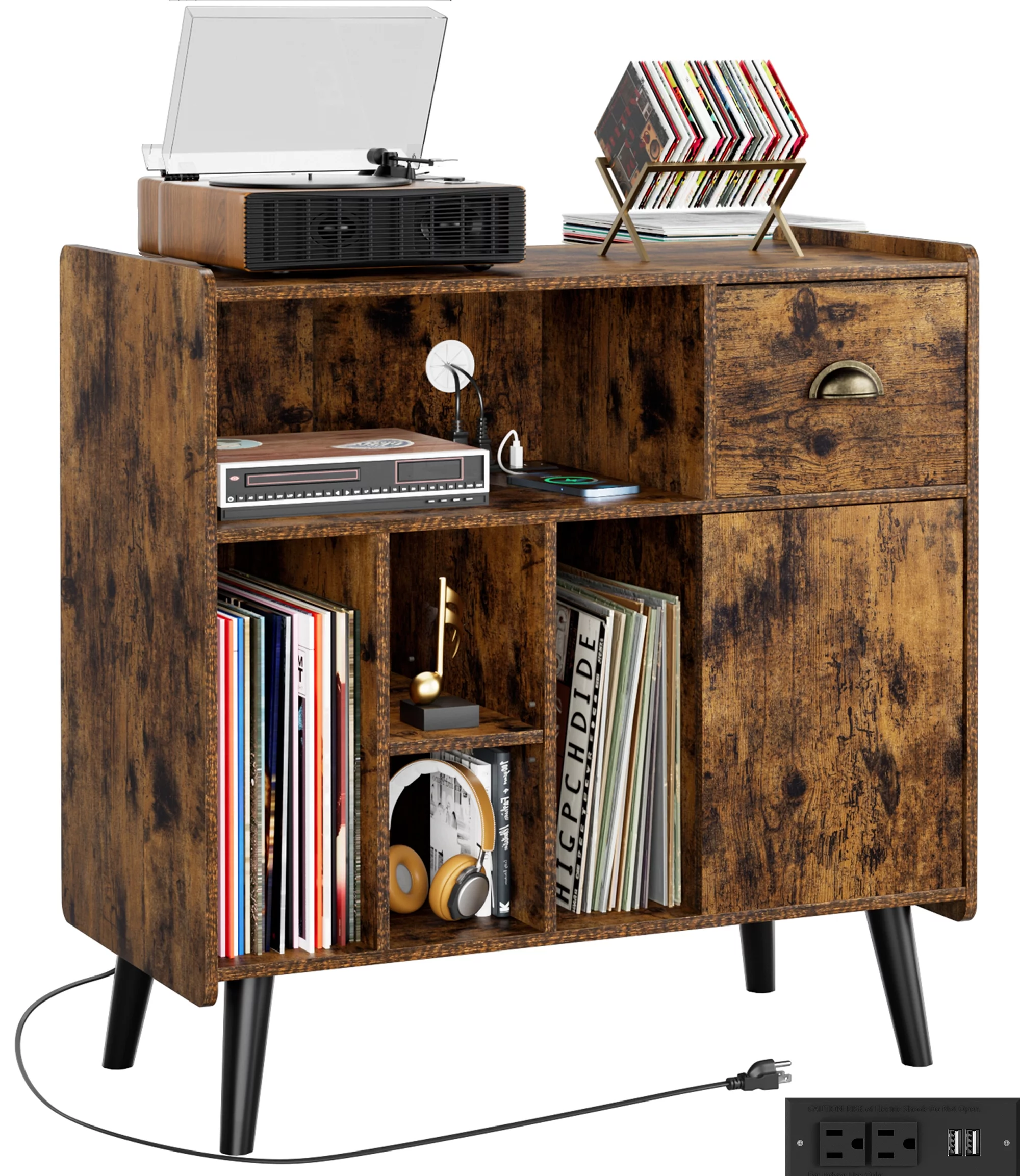 Luxmo Record Player Stand with Vinyl Storage, Vinyl Record storage Cabinet with Charging Station, Turntable Stand Record Table Display with Wood Legs for Bedroom Living Room