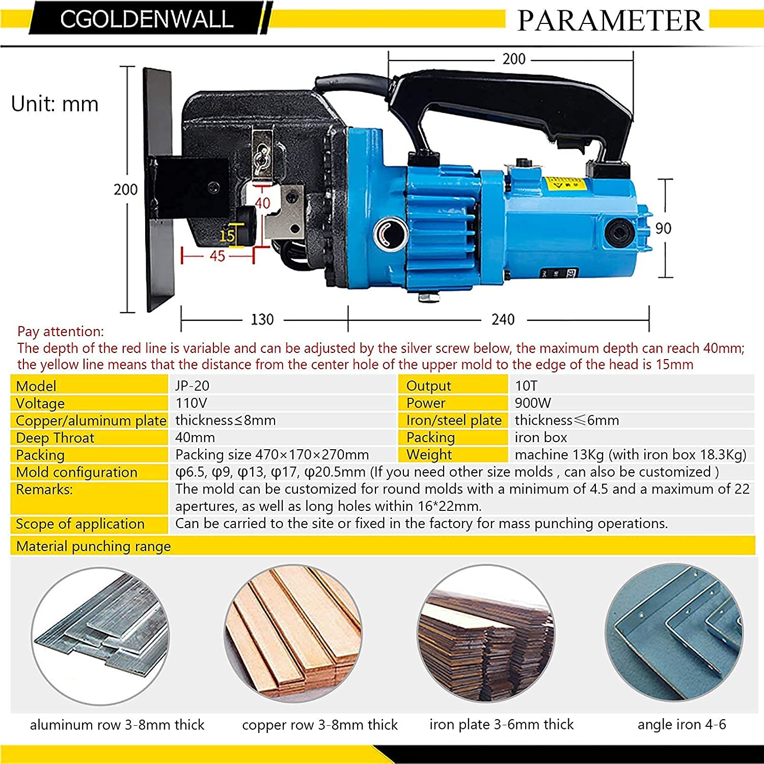 CGOLDENWALL 1200W Hydraulic Hole Puncher Electric Hydraulic Hole Punching Tool Hole Digger for Steel Plate Angle Steel Plate Iron Plate Aluminum Plate CE&ROHS Certificate