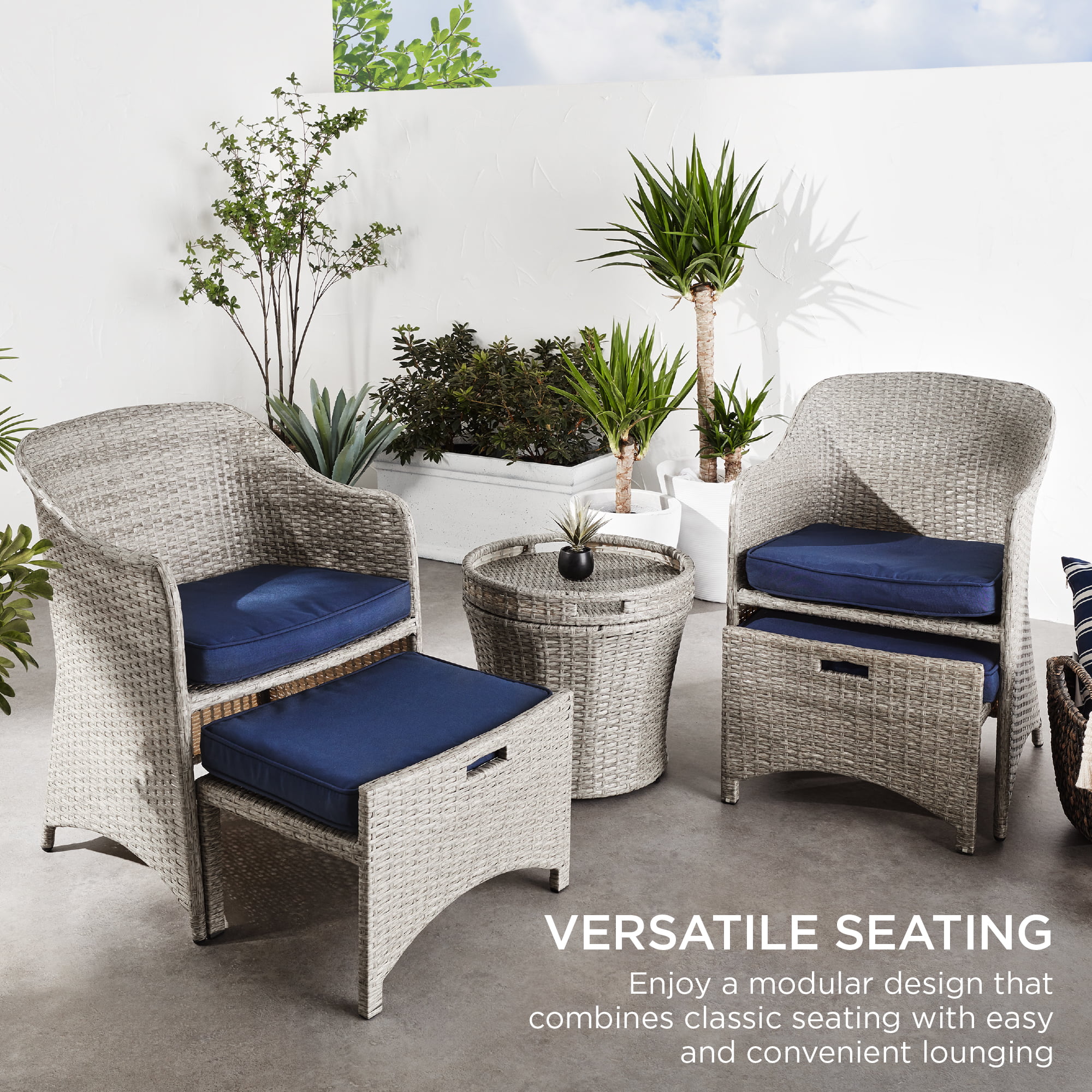 Best Choice Products 5-Piece Outdoor Wicker Patio Bistro  Furniture Set w/ Storage Table, No Assembly - Gray/Navy