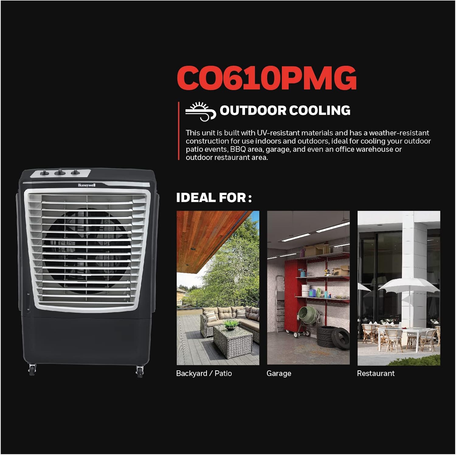 Honeywell 2669 CFM Outdoor Portable Evaporative Cooler & Fan, 33 Ft Air Throw for Large Outdoor Spaces, CO610PMG, Grey