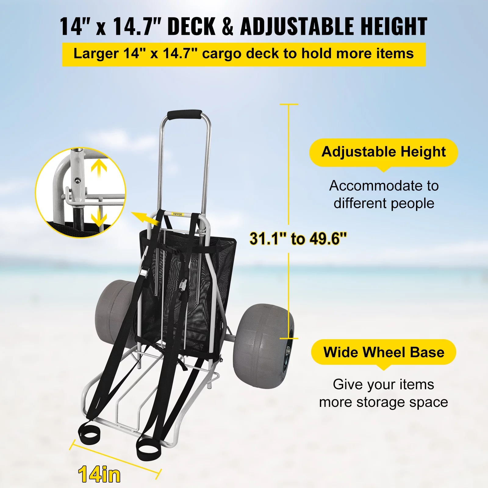 VEVOR Beach Carts for the Sand, w/ 12" TPU Balloon Wheels, 165Lbs Loading Capacity Folding Sand Cart & 29.5" to 49.2" Adjustable Height, Heavy Duty Cart for Picnic, Fishing, Beach