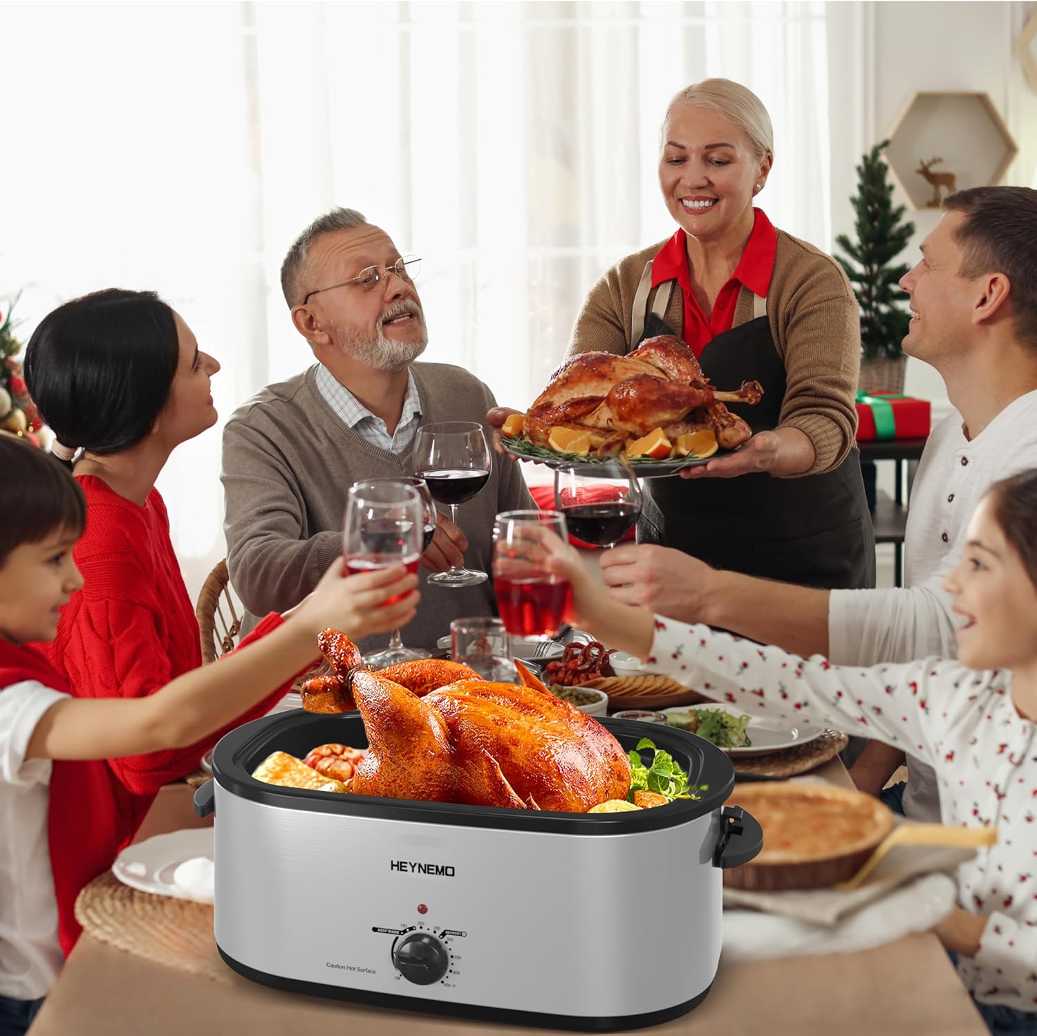 Roaster Oven 28 Quart, Electric Roaster Pan with Visible & Self-Basting Lid, Large Stainless Steel Electric Turkey Roaster Oven Defrost Warm Function, Removable Pan Rack, Fits Turkeys Up to 28LB