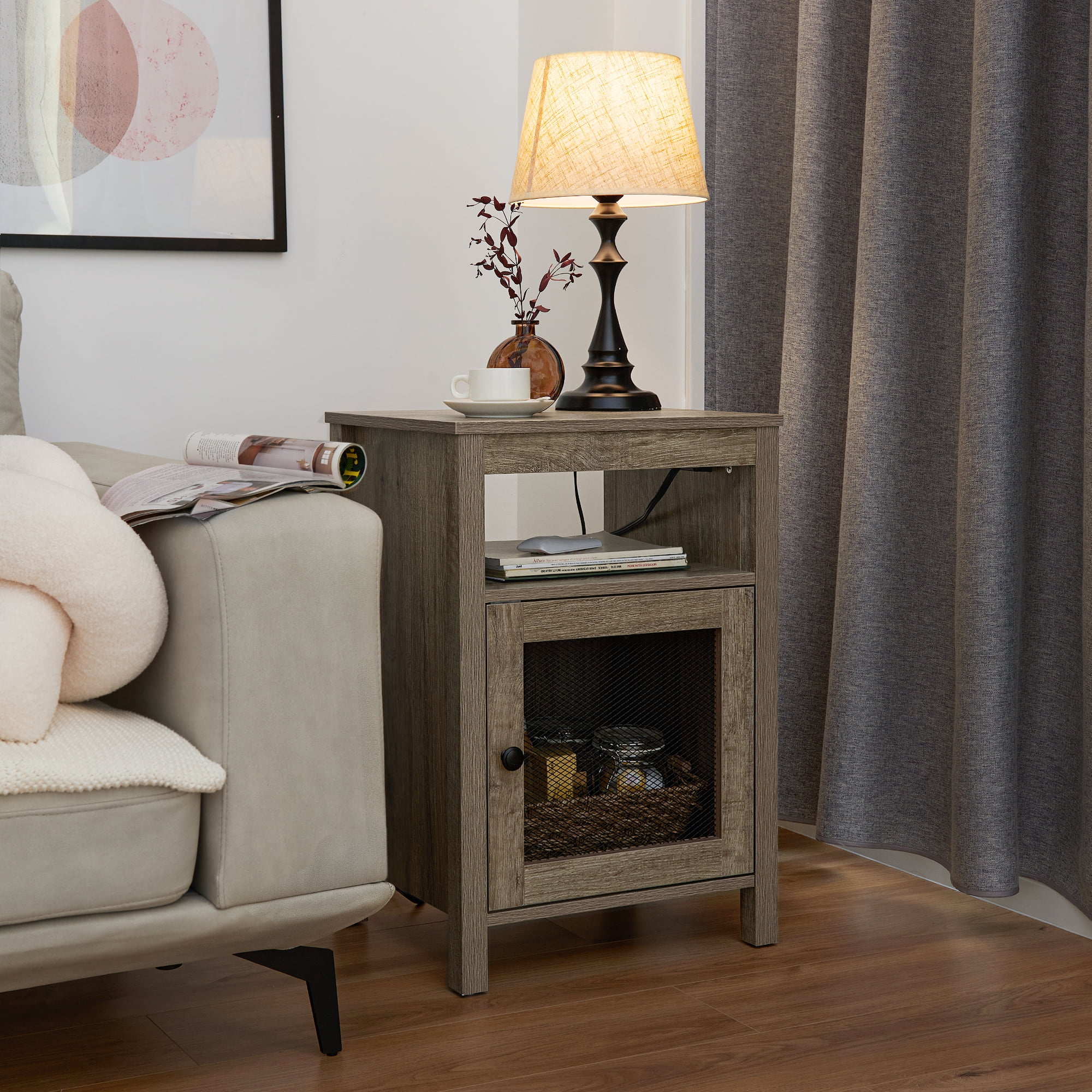 StorageWorks End Table with USB Ports & Power Outlets, Farmhouse Chairside Table with Cabinet and Open Storage Shelf, Wood Accent Table for Living Room Bedroom, Weathered Oak Grey