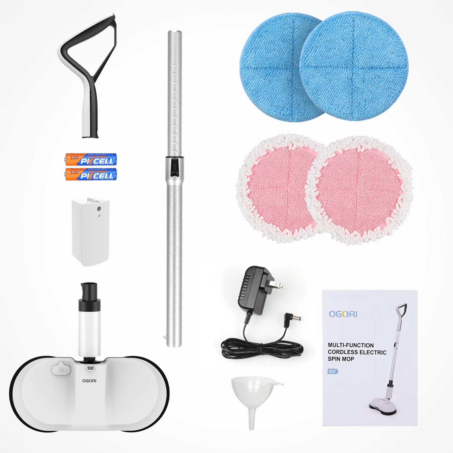 OGORI Cordless Electric Spin Mops Built-in 300ml Water Tank,Reusable Microfiber Cleaning, LED Headlight and Sprayer for Hardwood, Tile & Laminate Floors