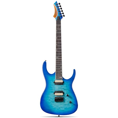 Leo Jaymz Electric Guitar Monsoon Series,Reverse Headstock,Mahogany Body,Roasted Maple Neck,Rosewood Fretboard,Locking Tuners,Rounded End Frets,AlnicoV Pickups,Fixed Bridge (Blue Flame)