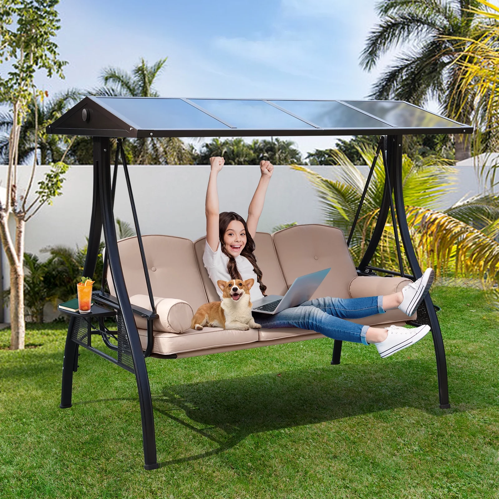 NOBLEMOOD Hardtop Outdoor Porch Swing, 3 Seat Patio Swing with Convertible Backrest, Cup Holders, Cushions & Pillows