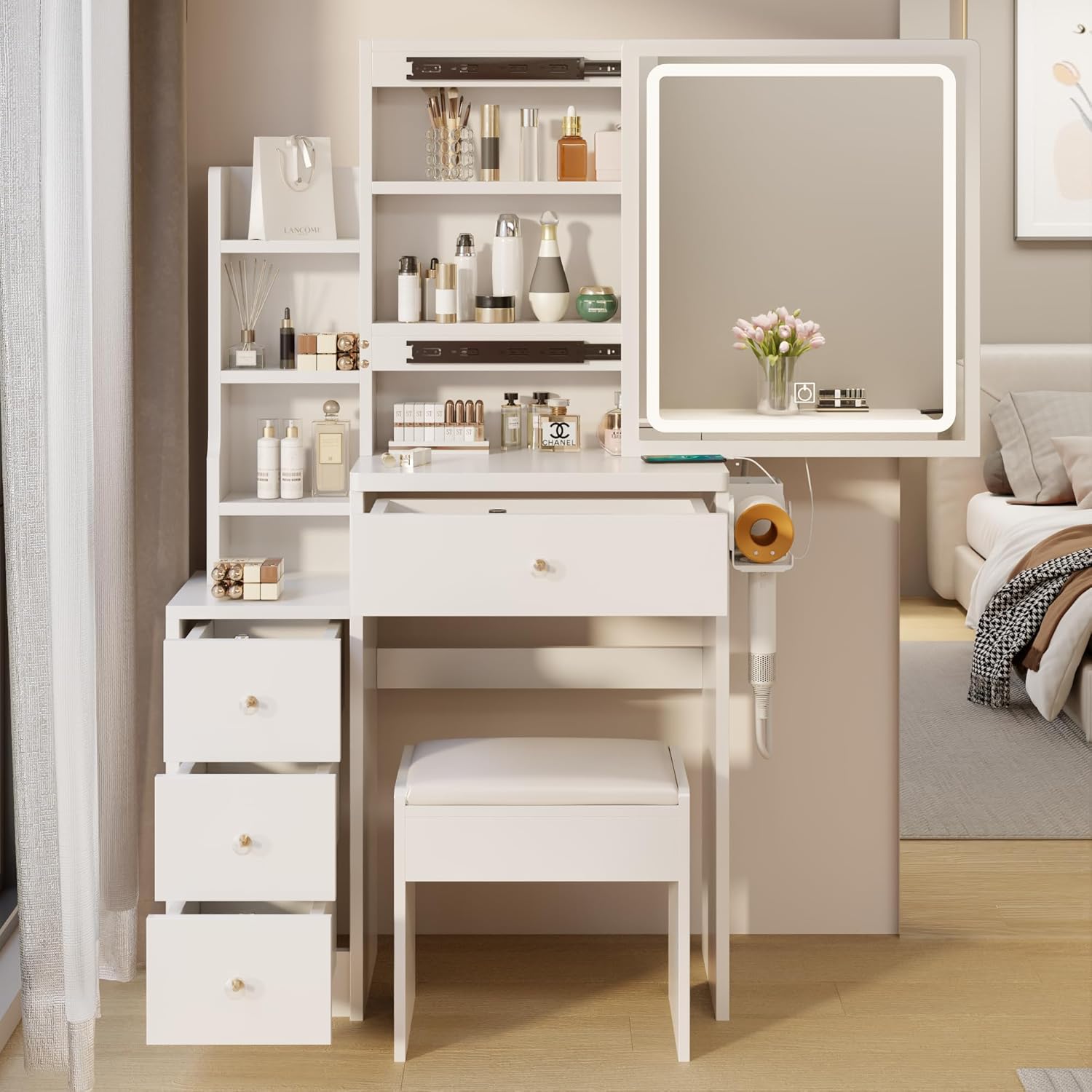 Makeup Vanity Desk with LED Mirror, Vanity Table with Charging Station (2 AC + 2 USB Socket), Small Vanity Dressing Table with Drawers & Dresser, Makeup Desk with Cushioned Stool for Bedroom