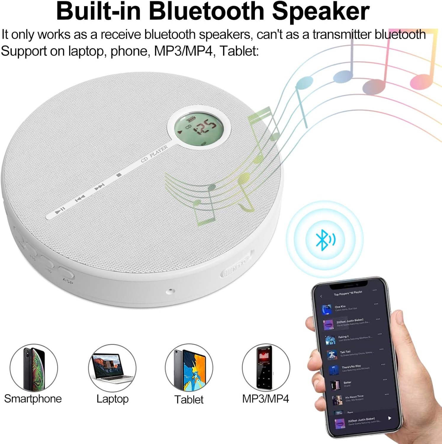 Newest CD Player Portable, WOKALON Rechargeable CD Player with Bluetooth, Anti-Skip CD Player with Speakers for Car, Walkman CD Player with Headphones and AUX Cable, 2000mAh Battery (Gray) Pack of 2