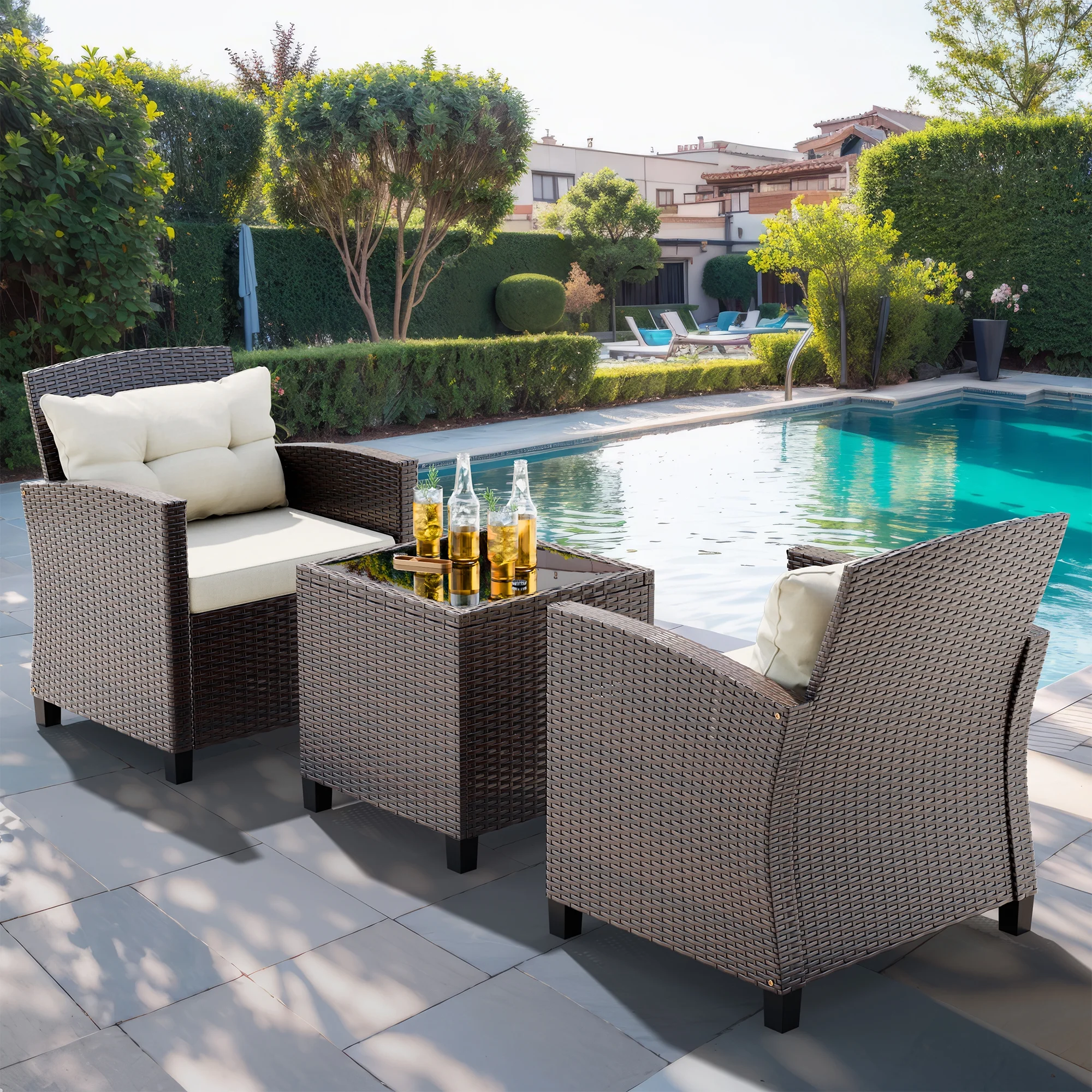 Walsunny 3 Pieces Patio Furniture Set Outdoor Wicker Conversation Bistro Set Outdoor Patio Chairs with Tempered Glass Table Beige