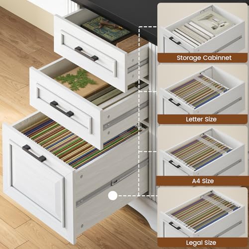 Itaar Farmhouse Executive L Shaped Desk, Home Office Desk with File Drawer and Power Outlet, Computer Corner Desk with Drawers and Storage Cabinet, Workstation for Office Home, White