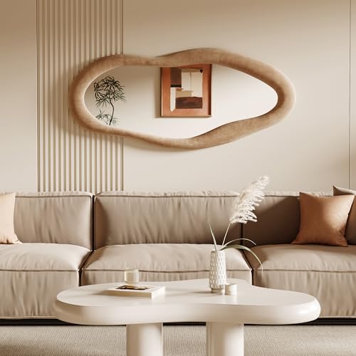 Honyee Full Length Mirror, 63" x 24" Wall Mirror, Flannel Wrapped Wooden Frame Floor Mirror, Irregular Wavy Mirror Hanging or Leaning Against Wall for Cloakroom/Bedroom/Living Room, Milk Tea