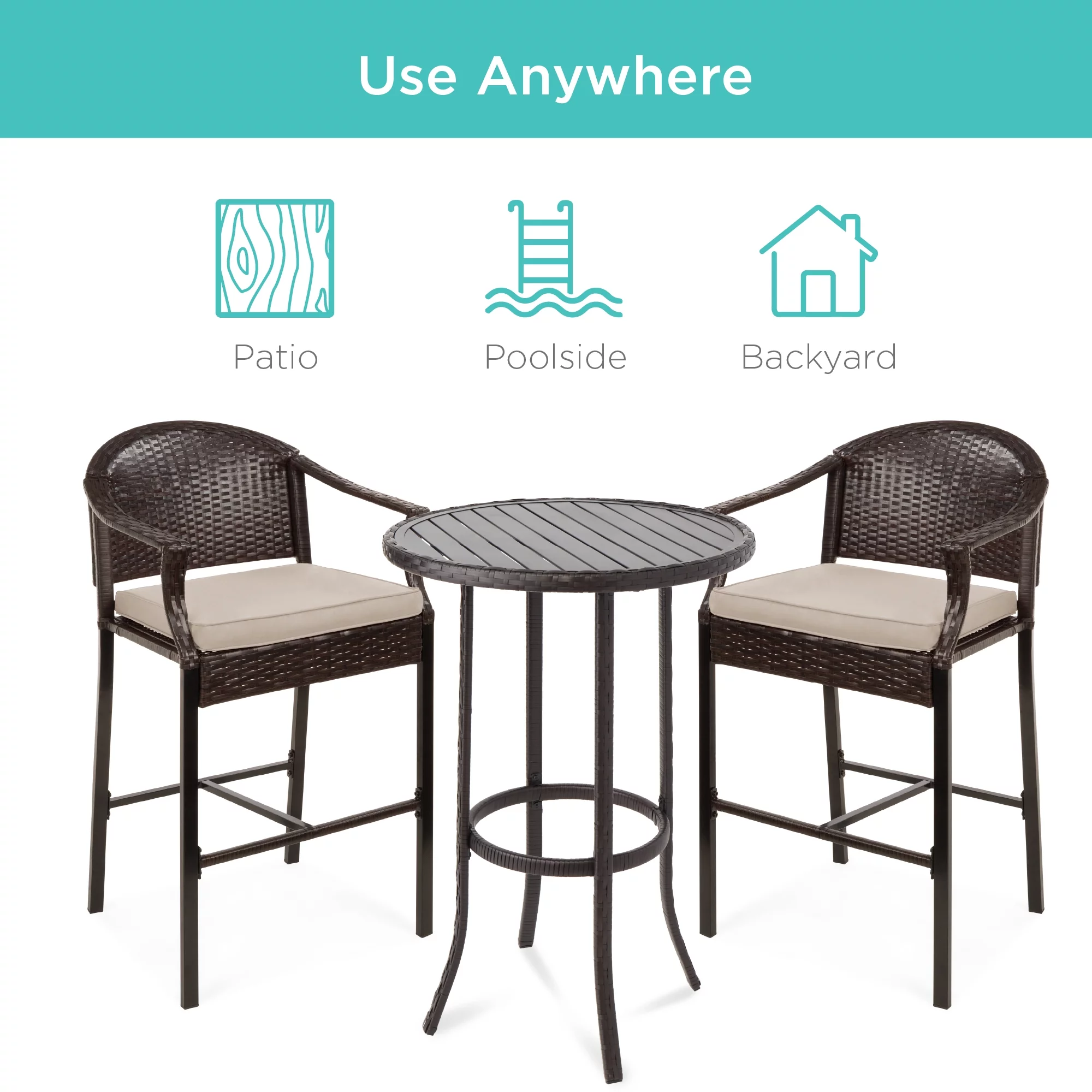 Best Choice Products 3-Piece Outdoor Wicker Patio Bar Table Bistro Set w/ Barstools, Steel Frame - Brown/Beige