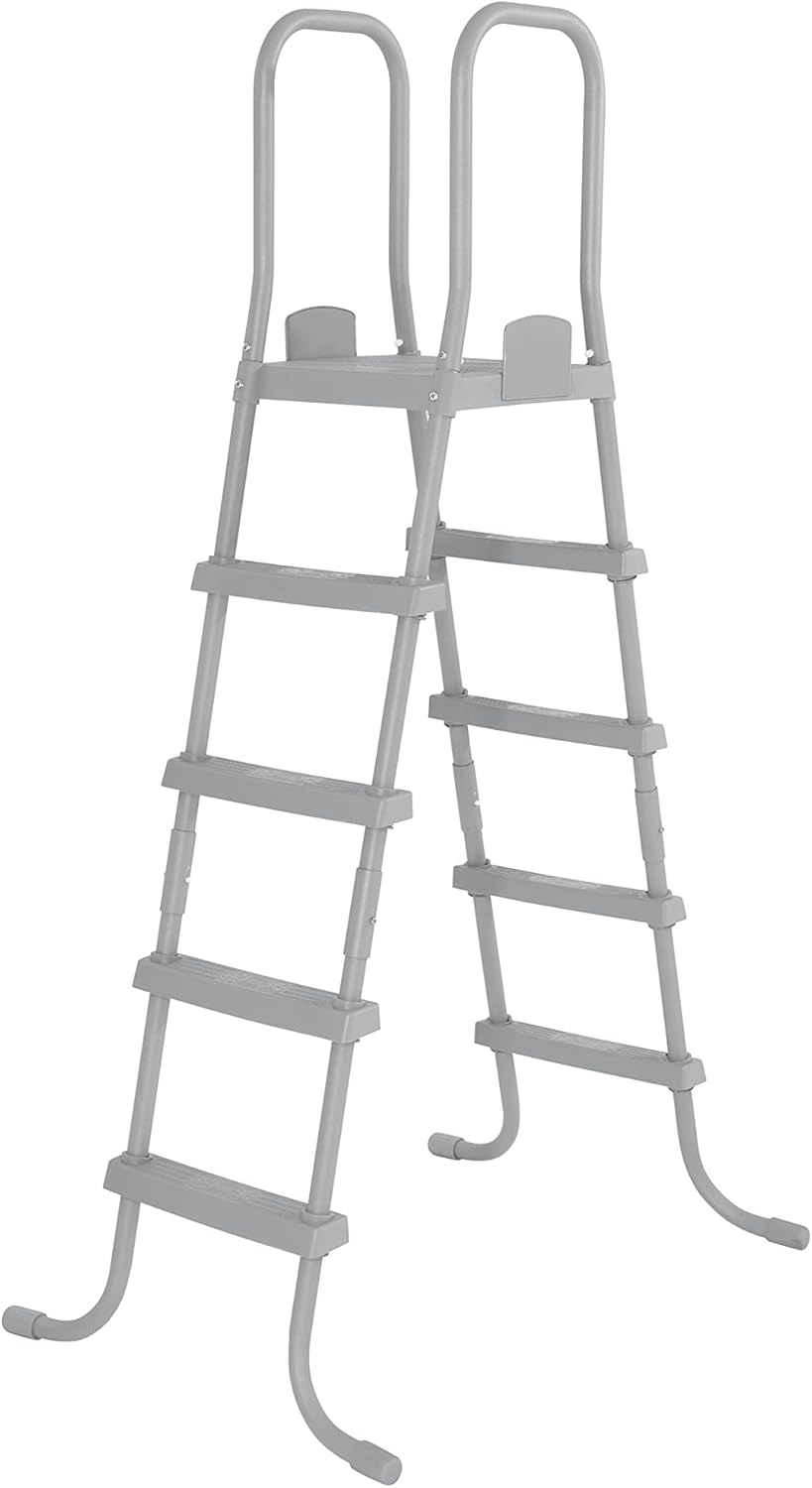 Bestway 58337E 52-Inch Durable Steel Above Ground Swimming Pool Ladder with No-Slip Steps in Gray with Arm Rails and Barrier