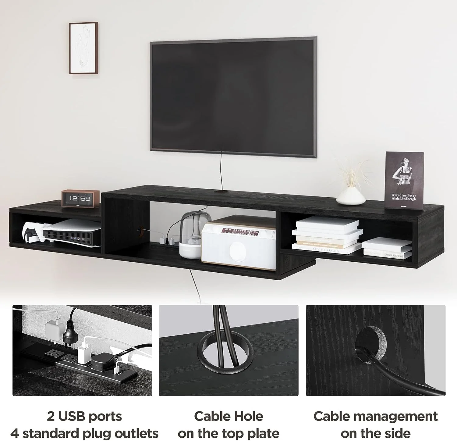 Floating TV Stand Wall Mounted with Power Outlet 59", Floating Entertainment Center, Wood Media Console Shelf for Under TV Storage for Living Room Bedroom Office, Black