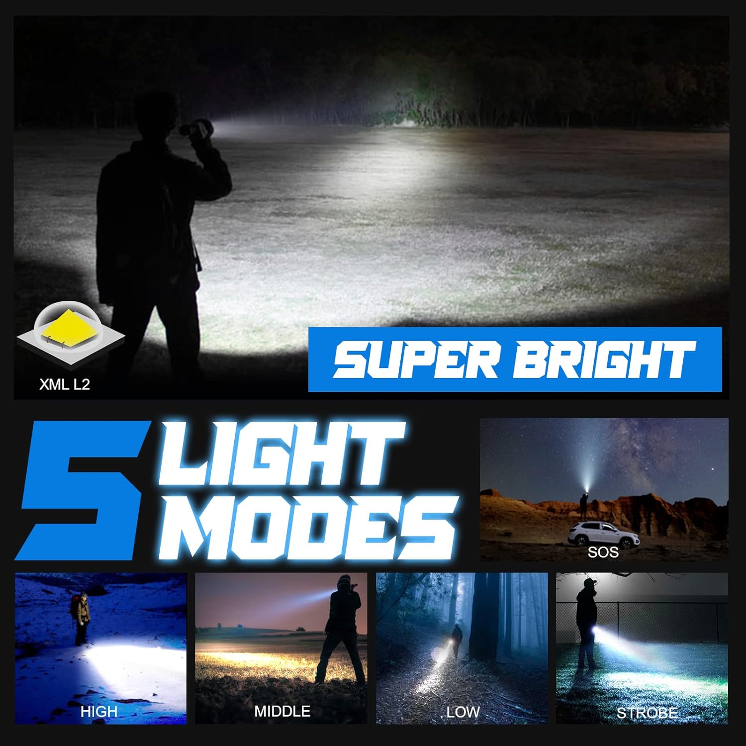 PHIXTON Rechargeable High Lumens Tactical Handheld Flashlight, Super Bright 5000 lumen XM L2 LED Tac Flash Light Linterna, Long Lasting,Zoomable,Waterproof,Shockproof,For emergency Camping Accessories