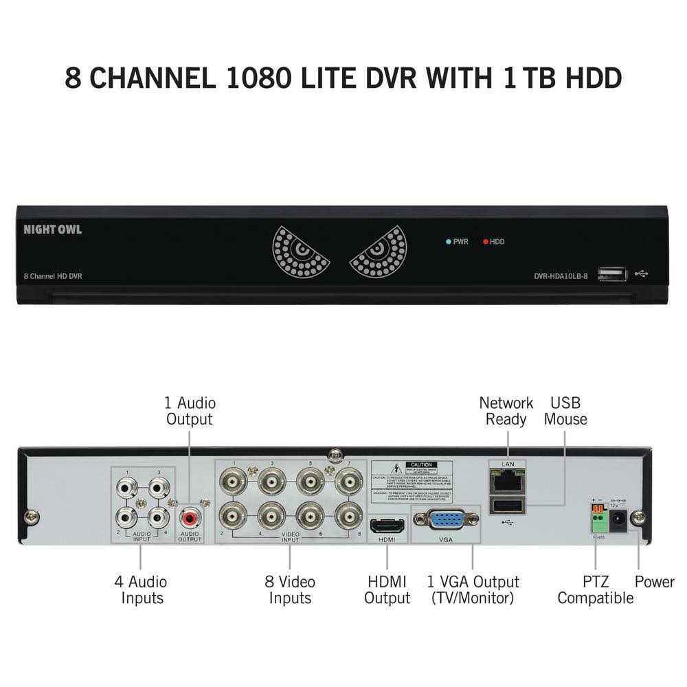Night Owl HDA10L-7BU-841 8 Channel 1080 Lite HD Analog Video Security System with 1 TB HDD and 4 x 720p HD Wired Cameras