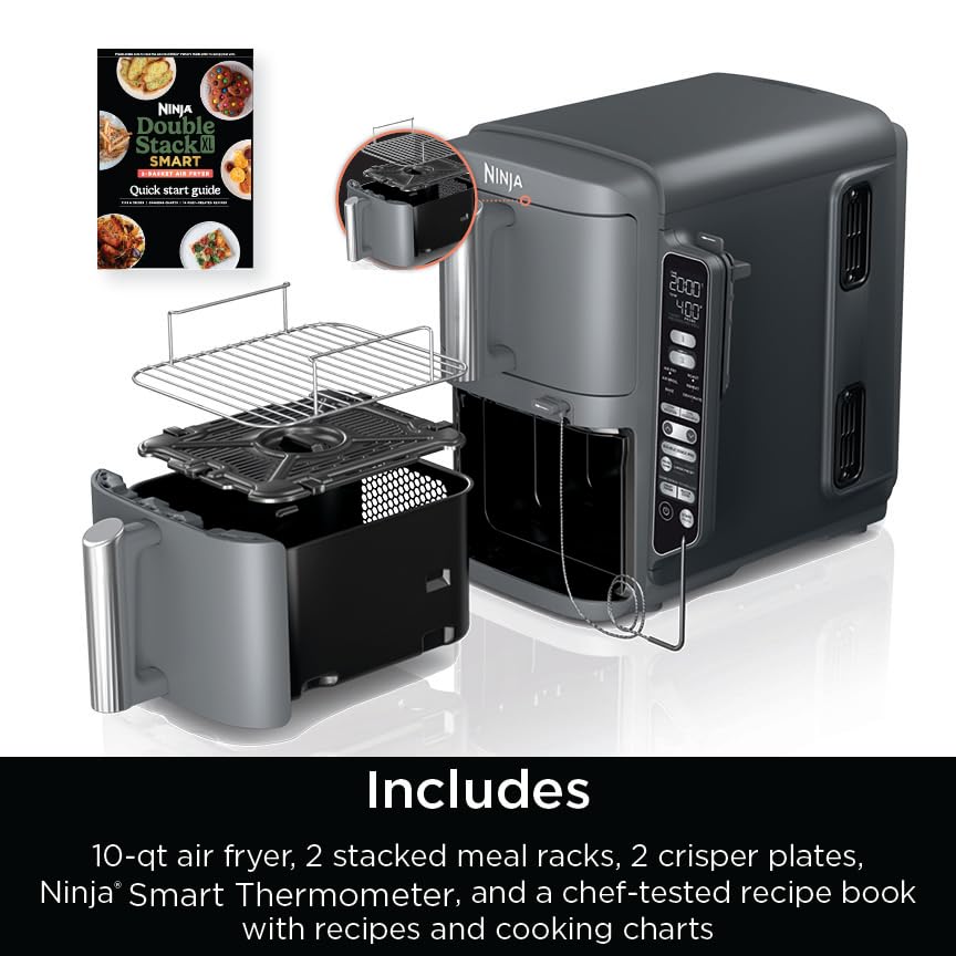 Ninja Air Fryer, 8 QT DoubleStack 2-Basket, Space Saving Design, Cooks 2lb Chicken Wings, Feeds up to 6 People, 6-in1 Air Fryer, Roast, Bake & More, Easy to Clean, Dishwasher Safe Parts, Black, SL201