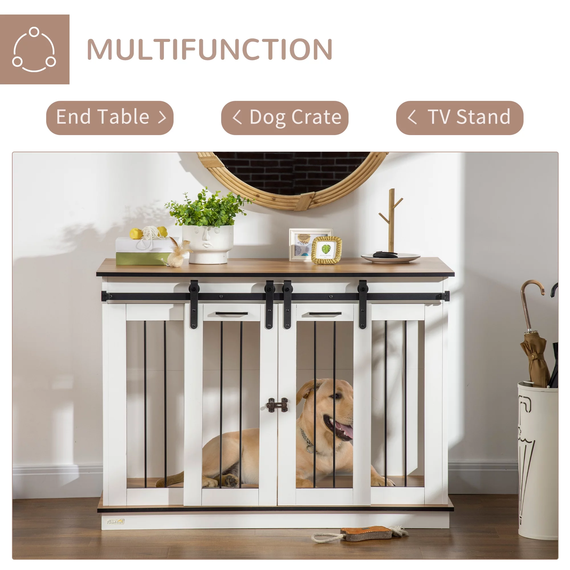 PawHut Modern Dog Crate End Table with Divider Panel, White