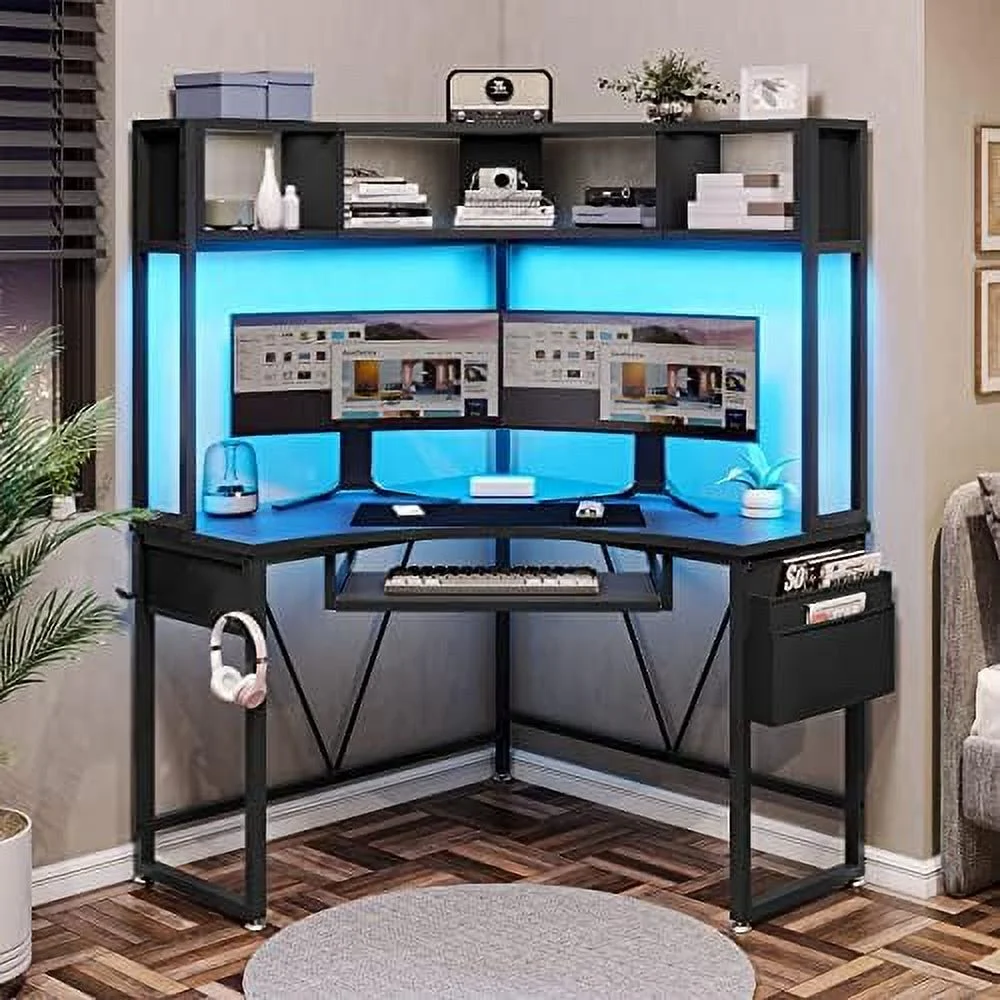 HOOMHIBIU Corner Desk  Small Computer Desk with Hutch &amp; LED Lights  Triangle Corner Computer Desk with Keyboard Tray   Bag  and Headphone Hook for Small Space  Small Office Desk  Rust