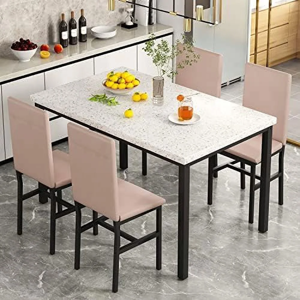 HJZBNONE 5-Piece Faux Marble Kitchen Table &amp; Chair Set  4 PU Metal Frame Chairs for Small  Modern Compact Space for Home  Breakfast Nook Cafeteria Dining Room w/ Racks  01 Coffee