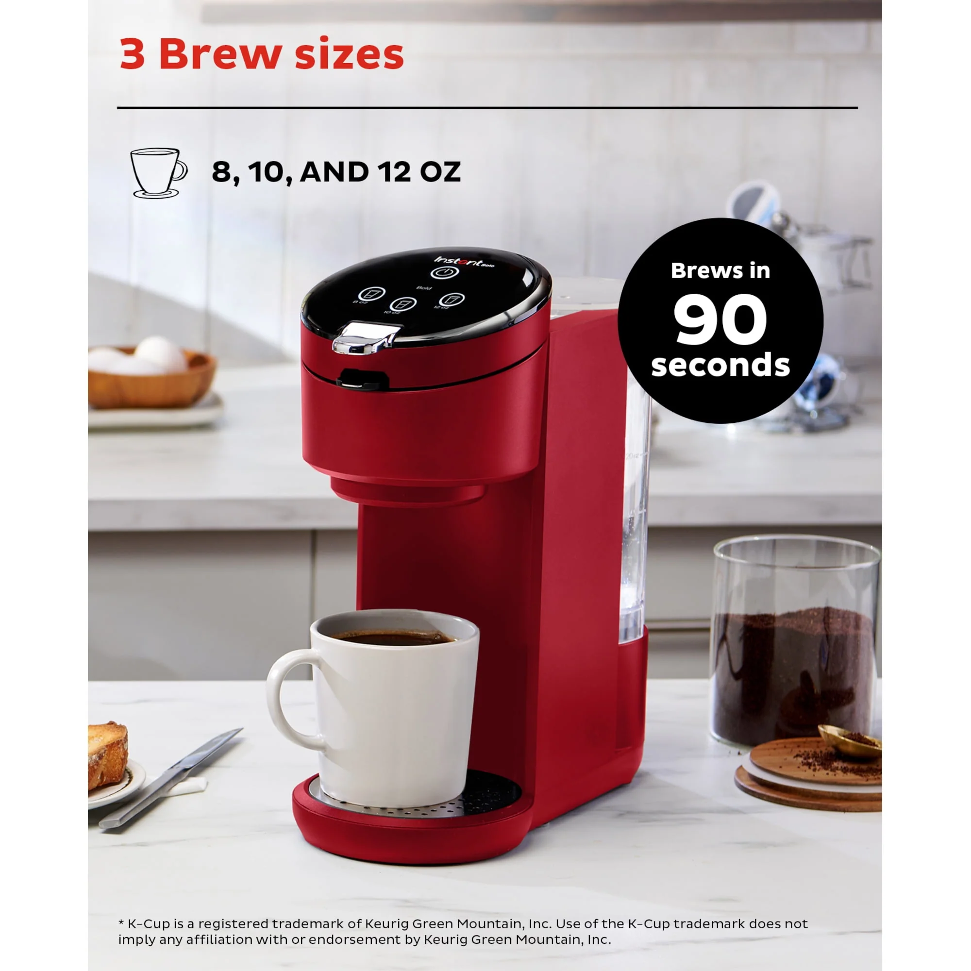 Instant Solo 2-in-1 Single Serve Coffee Maker for Ground Coffee or K-Cup Pods with 3 Brew Sizes, Maroon Red
