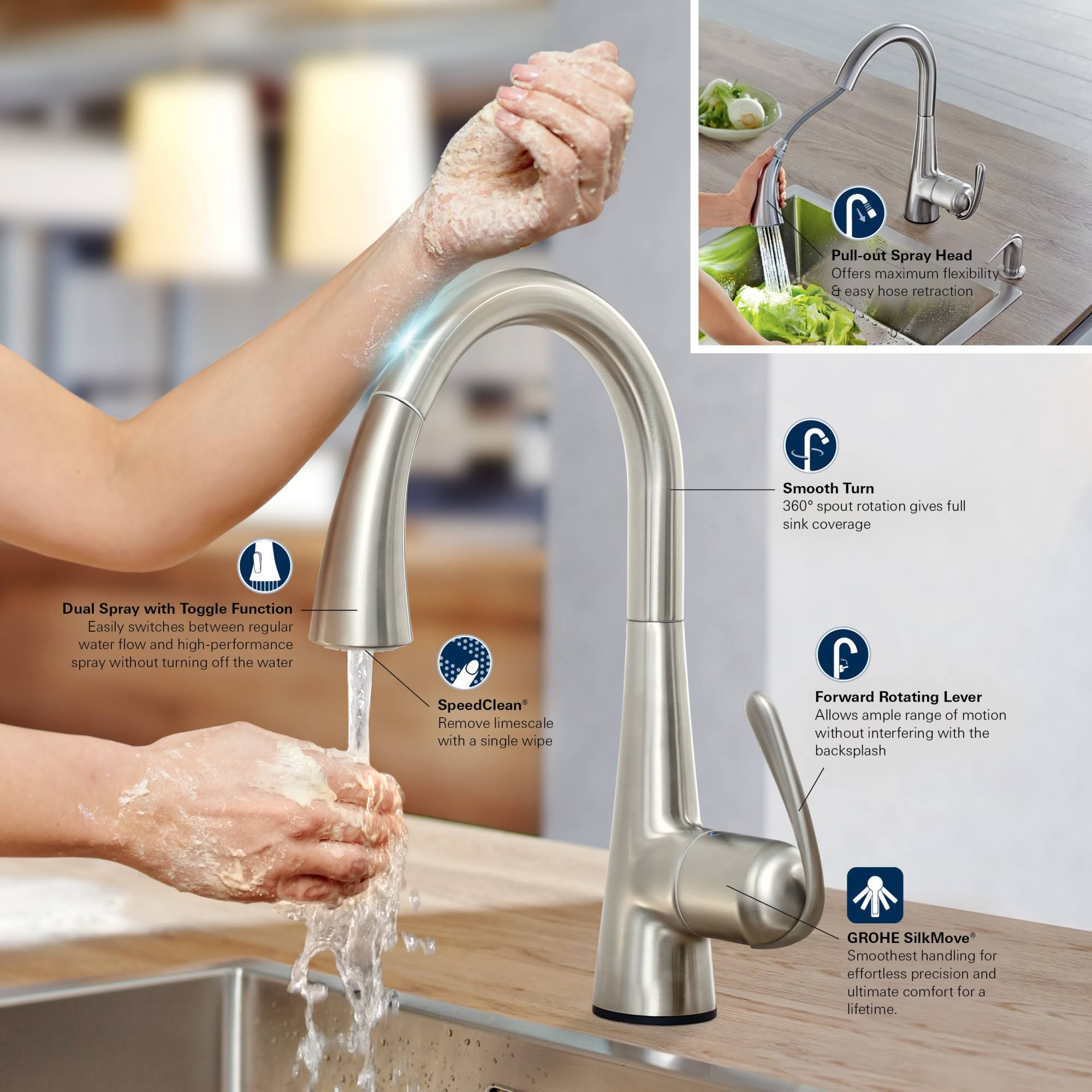 Grohe Ladylux Single Handle Stainless Steel Hole Kitchen Faucet, Silver