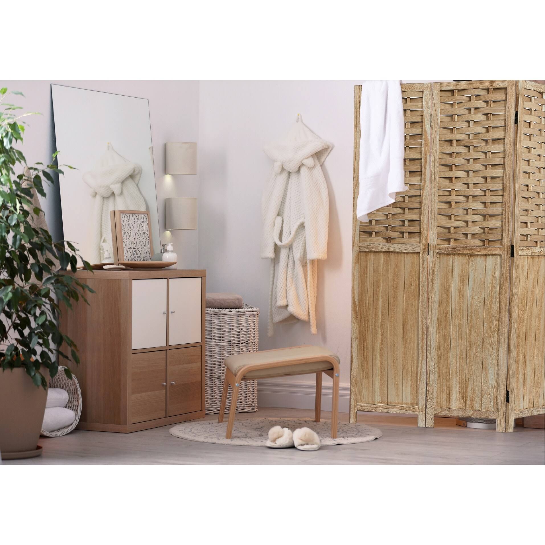 COZAYH 3 Panel 67” Paulownia Wood Screen Room Divider, Folding Room Partitions, Freestanding Privacy Screen w/Hand-Woven Polymer