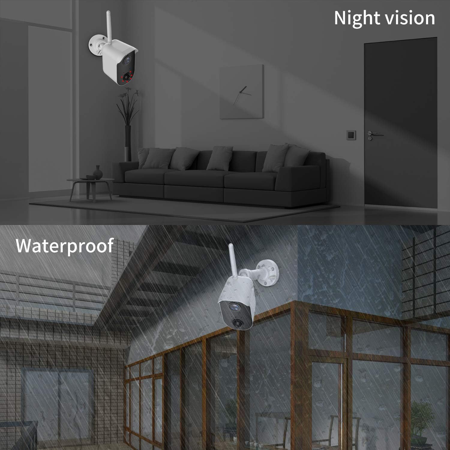 Wireless Camera Battery Powered, Wirefree Security Battery Operated PIR Motion Detection 1080P Rechargable Camera SD Storage, WiFi Indoor Outdoor with Night Vision, Waterproof 2 Cameras