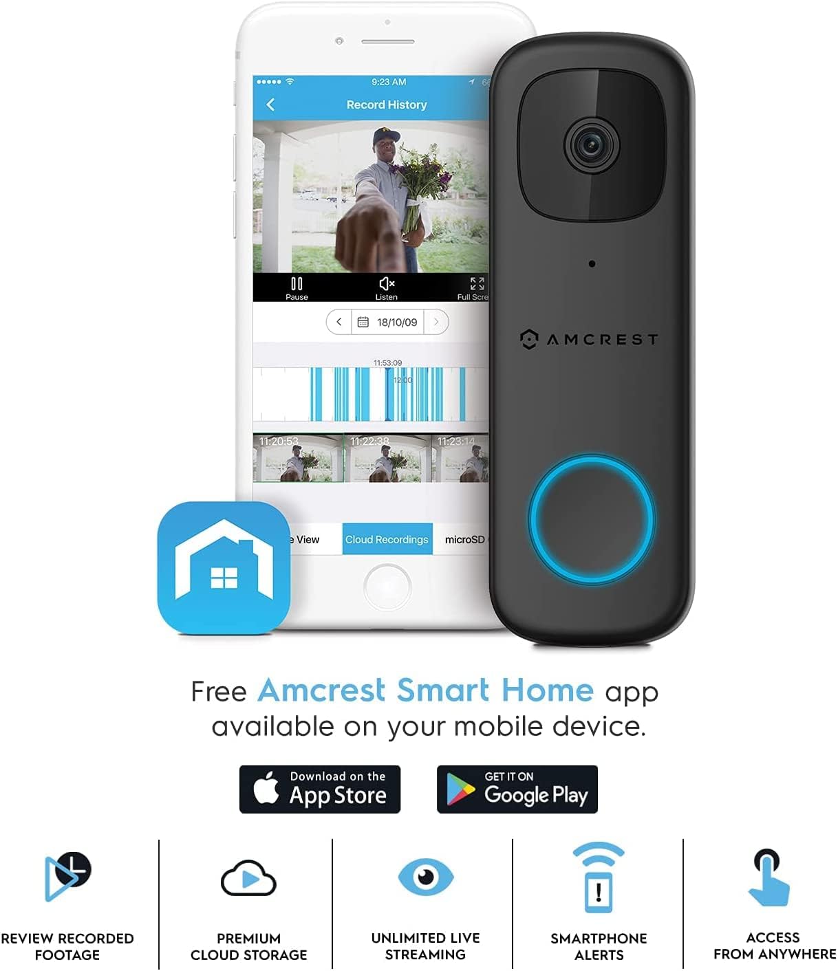 Amcrest 4MP Video Doorbell Camera Pro, Outdoor Smart Home 2.4GHz and 5GHz Wireless WiFi Doorbell Camera, Micro SD Card, AI Human Detection, IP65 Weatherproof, 2-Way Audio, 164o Wide-Angle Wi-Fi AD410
