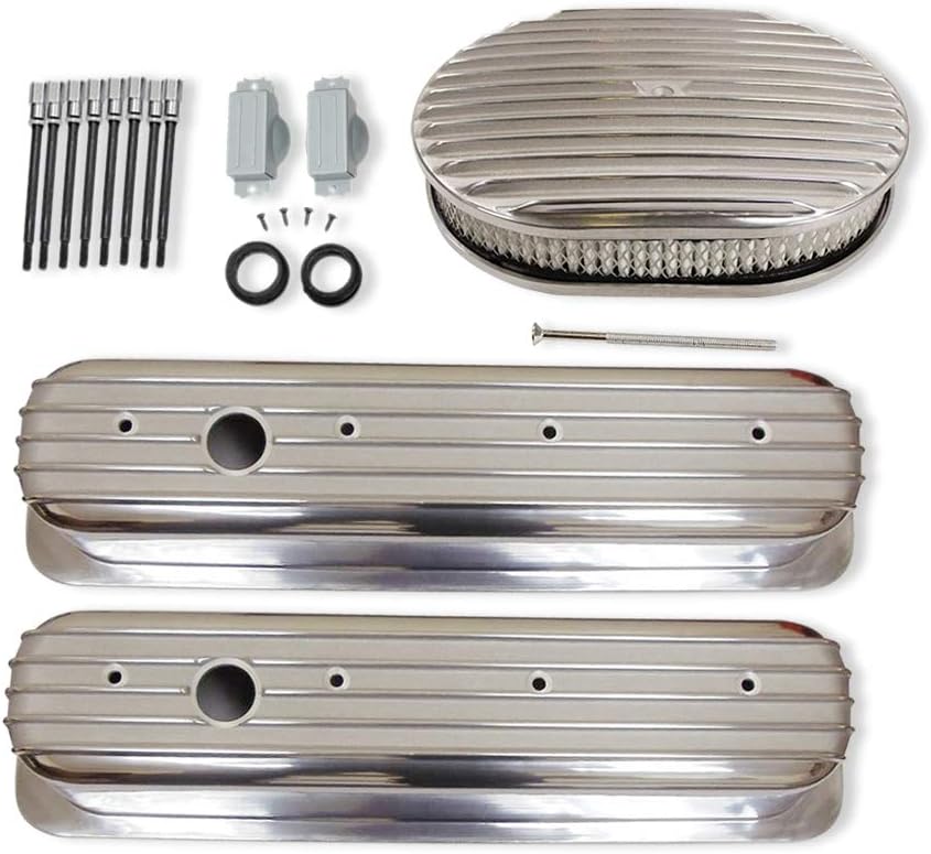 DEMOTOR PERFORMANCE Finned Tall Polished Valve Covers for SBC 283 327 350 383 with 12" Oval Finned Polished Air Cleaner Kit